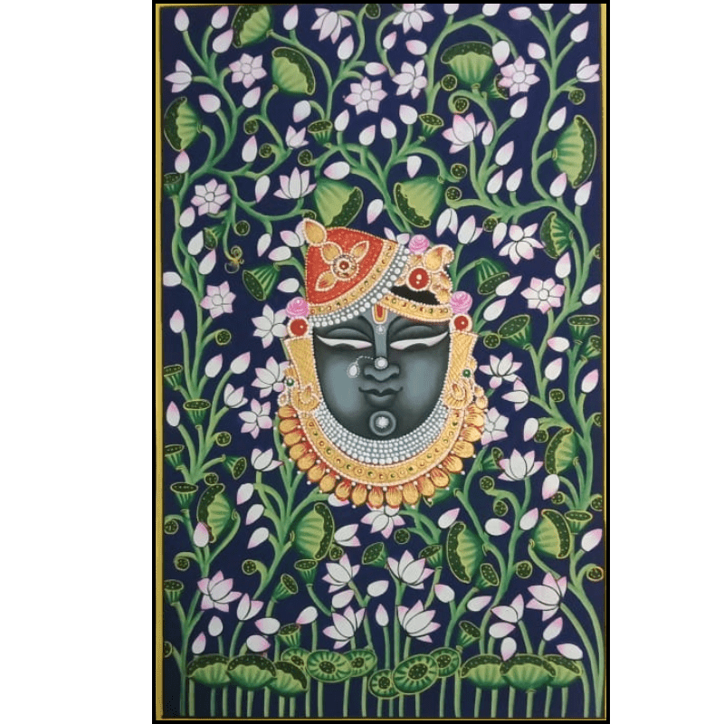 Shrinathji Pichwai Painting – Lotus Background Handmade Nathdwara Art